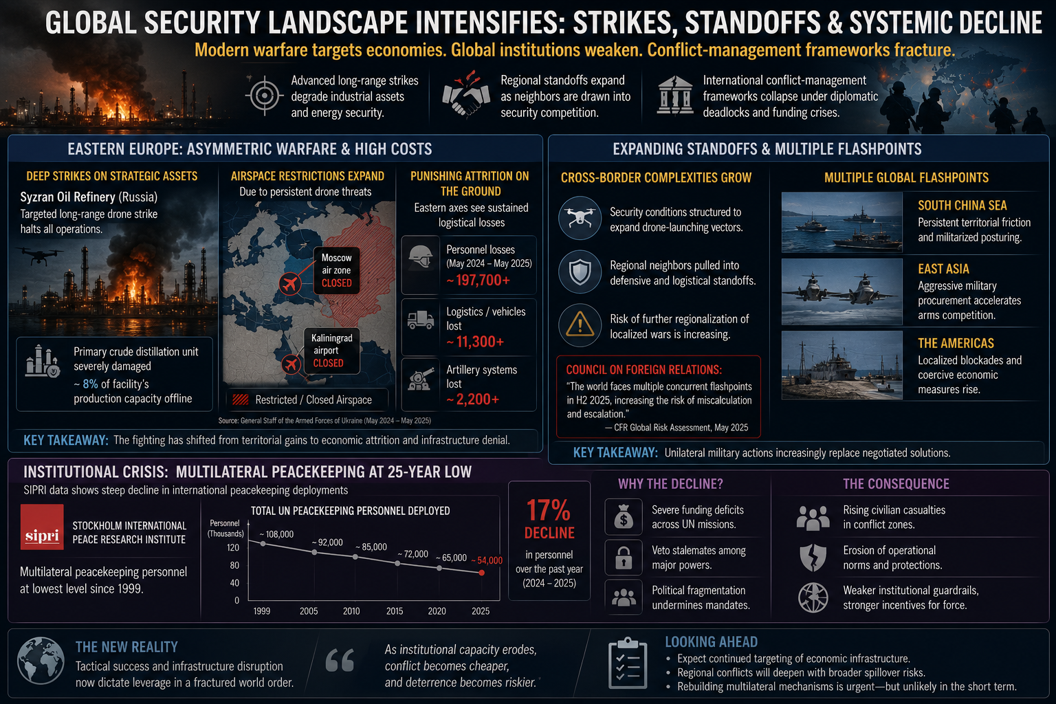 Russia-Ukraine conflict, global defense strategy, long-range drone strikes, military infrastructure, geopolitical instability, UN peacekeeping crisis, SIPRI defense report 2026, security flashpoints